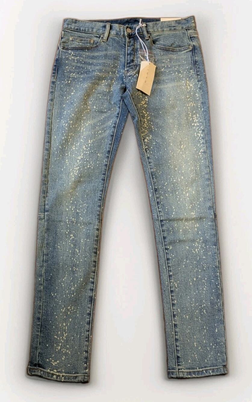 MNML Y2K Jeans Mens 31 Skinny Blue Bleach Splatter Distressed Streetwear NWT 32L